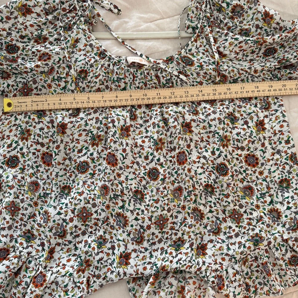 Tory Burch 100% Silk Botanical Woodblock Print Peasant Blouse Size 8 Boho Chic